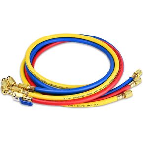 2025 Upgrade 29986 Plus II 1/4" HVAC Hose with Compact Ball Valve. Refrigerant Hose with Standard 1/4“ Flare Fittings, 800 PSI Working Pressure for Common Refrigerants. 72", Yellow/Red/Blue (3-Pack)