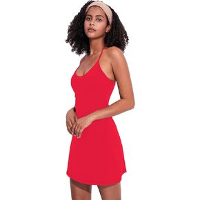 Women's Exercise Workout Dress with Built-in Bra & Shorts Sleeveless Tennis Golf Athletic Dress with Pockets Red L