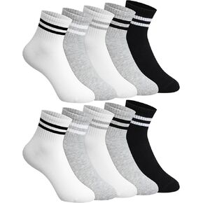 Shihanee 10 Pairs Striped Socks for Women Mini Crew Quarter Socks with Stripes Combed Cotton Athletic Retro Socks for Adult