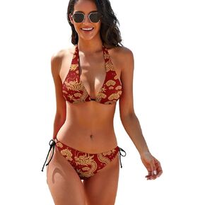 SKT T1 Women's Dragon Bikini 2 Piece Red Pattern Print Bathing Suits Halter Swimsuit with Padded Bra and Triangle Bottoms