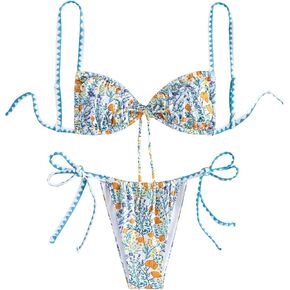 MakeMeChic Women's Floral Bikini Set Triangle String Tie Side Thong Boho Bathing Suit Swimsuits Swimwear