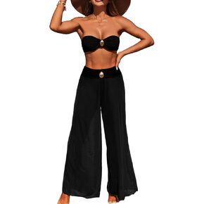 3 Piece Swimsuits for Women Tummy Control Bikini Set with Beach Cover Up Mesh Pants Sexy Tube Tops Swimwear