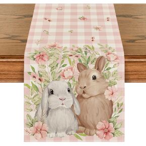 Artoid Mode Bunny Rabbit Flowers Leaves Pink Buffalo Plaid Easter Table Runner, Spring Kitchen Dining Table Decoration for Home Party Decor 13x72 Inch