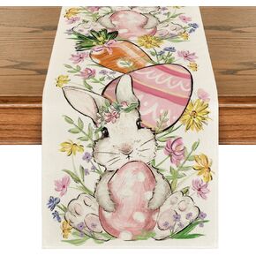 Artoid Mode Bunny Rabbit Egg Flower Easter Table Runner, Seasonal Spring Kitchen Dining Table Decoration for Home Party Decor 13x72 Inch