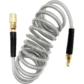 (PU) Polyurethane Reinforced Recoil 1/4"ID(6.3 x 9.8mm) x 10ft, Air Hose 300PSI with 1/4-Inch Swivel Solid Brass Quick Coupler and Plug, Gray(10')