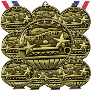 Express Medals Star Performer Gold Medals Trophy Award with Neck Ribbons APMG-784 - (Pack of 10)