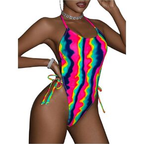 WDIRARA Women's Halter One Piece Swimsuit Tie Dye Bathing Suit Tie Side Backless Monokini