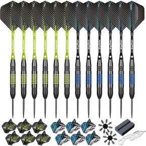 Darts Metal Tip Set 12pcs 20 Grams Steel Tip Darts Set, Aluminum Shafts, Metal Barrels, Extra Flights, Dart Accessories,50 Extra Dart Tips Wrench for Electronic Dart Board Blue and Green