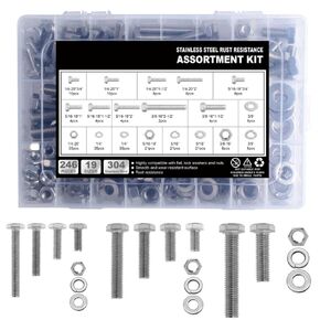 246PCS Hex Head Nuts and Bolts Assortment Kit, Stainless Steel Assorted Nuts and Bolts, Flat & Spring Lock Washers Length1/4-20, 5/16-18,3/8-16