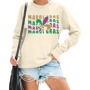 ALLTB Mardi Gras Sweatshirt for Women Sequin Carnival Outfit Shirt Fat Tuesday Shirt Holiday Sparkly Long Sleeve Tops