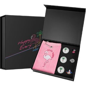 Premium Golf Gift Set: Embroidered Jacquard Checked Pattern Pink Golf Towel, 3 Golf Balls, and 2 Golf Ball Markers with Hat Clip, Ultimate Christmas Golf Gift for Men Women (Flamingo Box)
