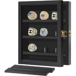 Championship Ring Display Case, AGJIDSO Wall Mount Baseball Ring Display Case, Real Tempered Glass Baseball Ring Holder, Wooden Shadow Box with Replaceable Shelves for Softball Basketball Award Rings