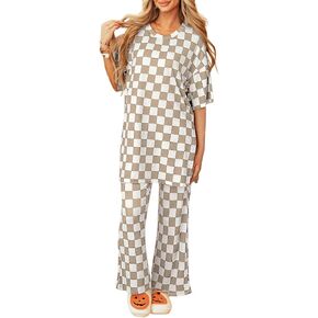 Two Piece Sets for Women Checkered Half Sleeve Tunic Top and Flared Pants Matching Lounge Set Casual Outfits Tracksuit in Saudi Arabia