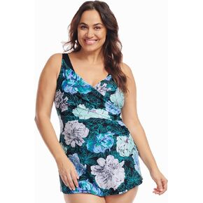 Mazu Women's Plus Size One Piece Wrap Front Swimdress with Skirt Tummy Control Swimsuits V Neck Bathing Suit