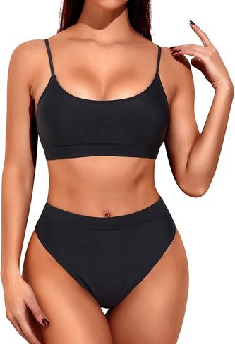 Tempt Me Women High Waisted Bikini Set Athletic Two Piece Swimsuits Sporty High Cut Bathing Suit with Scoop Neck in Saudi Arabia