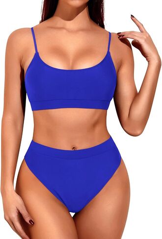 Tempt Me Women High Waisted Bikini Set Athletic Two Piece Swimsuits Sporty High Cut Bathing Suit with Scoop Neck in Saudi Arabia