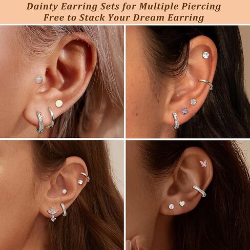 12 Pairs Flat Back Earrings for Women Conch Helix Cartilage Hoop Earrings Stainless Steel Earrings Set for Multiple Piercing 18K Gold Plated Opal Ball CZ Flat Back Stud Earrings in Kuwait