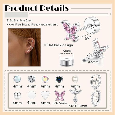 12 Pairs Flat Back Earrings for Women Conch Helix Cartilage Hoop Earrings Stainless Steel Earrings Set for Multiple Piercing 18K Gold Plated Opal Ball CZ Flat Back Stud Earrings in Kuwait