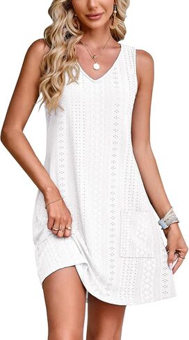 SimpleFun Women's Swimsuit Coverup Eyelet Sleeveless Bathing Suit Cover Up Swimwear Beach Cover Ups Tank Dress with Pockets in Saudi Arabia