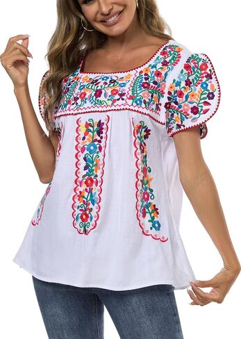 Mexican Shirts for Women Embroidered Tops Traditional Peasant Summer Tunic Blouse in Saudi Arabia