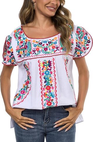 Mexican Shirts for Women Embroidered Tops Traditional Peasant Summer Tunic Blouse in Saudi Arabia