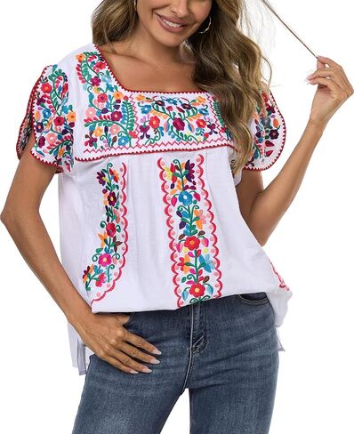 Mexican Shirts for Women Embroidered Tops Traditional Peasant Summer Tunic Blouse in Saudi Arabia