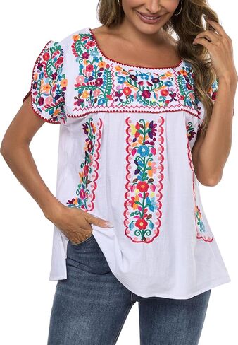 Mexican Shirts for Women Embroidered Tops Traditional Peasant Summer Tunic Blouse in Saudi Arabia