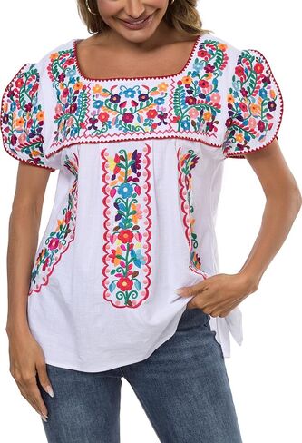 Mexican Shirts for Women Embroidered Tops Traditional Peasant Summer Tunic Blouse in Saudi Arabia