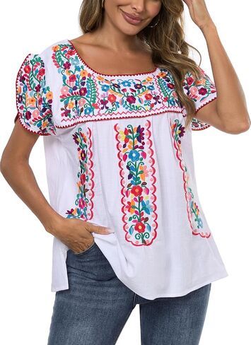 Mexican Shirts for Women Embroidered Tops Traditional Peasant Summer Tunic Blouse in Saudi Arabia