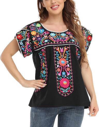 Mexican Shirts for Women Embroidered Tops Traditional Peasant Summer Tunic Blouse in Saudi Arabia