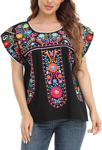 Mexican Shirts for Women Embroidered Tops Traditional Peasant Summer Tunic Blouse in Saudi Arabia