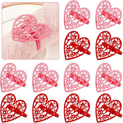Whaline 12Pcs Valentine's Day Napkin Rings Hollow-Out Red Pink Heart Napkin Rings Alloy Wedding Napkin Holders Rustic Dinner Tables Decoration for Holiday Anniversary Party Supplies in Saudi Arabia
