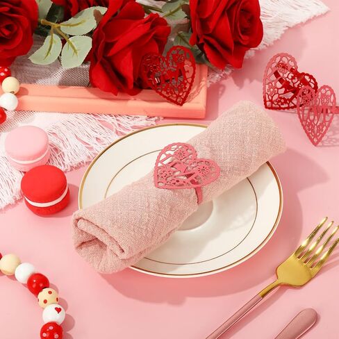 Whaline 12Pcs Valentine's Day Napkin Rings Hollow-Out Red Pink Heart Napkin Rings Alloy Wedding Napkin Holders Rustic Dinner Tables Decoration for Holiday Anniversary Party Supplies in Saudi Arabia