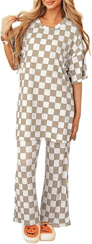 Two Piece Sets for Women Checkered Half Sleeve Tunic Top and Flared Pants Matching Lounge Set Casual Outfits Tracksuit in Kuwait