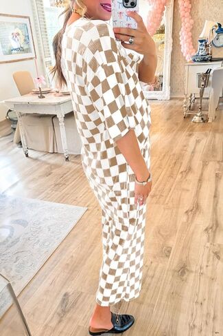 Two Piece Sets for Women Checkered Half Sleeve Tunic Top and Flared Pants Matching Lounge Set Casual Outfits Tracksuit in Kuwait