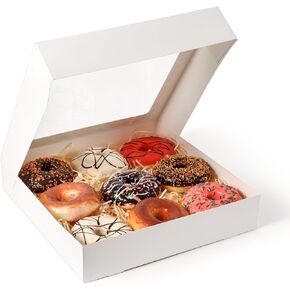 Fit Meal Prep 25 Pack Pie Boxes, 12 x 12 x 2.5 Inches White Bakery Boxes with Window, Auto-Popup Treat Boxes for Donuts, Cookies, Pastries, Ideal for Party, Christmas, Valentine's Day