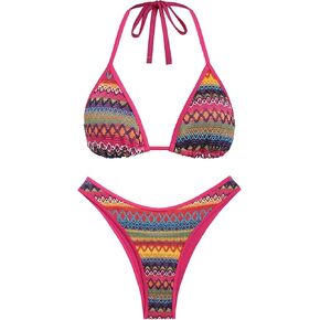 seamoly Women's Bikini Sets Halter Neck Crochet Colorblock Two Piece Swimsuits Open Back Sexy High Cut Thong Bathing Suit
