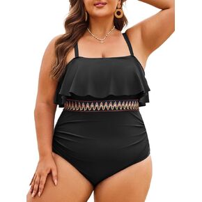 Eytino Womens Plus Size One Piece Swimsuit Ruffle Trim Tummy Control Bathing Suits Waist Striped Swimwear(1X-5X)