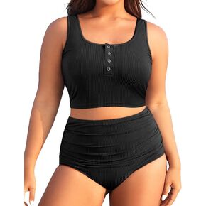 Plus Size 2 Piece Swimsuit - Womens High Waisted Bikini Tummy Control Bathing Suit Ribbed 2025 Swimwear