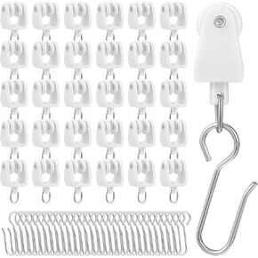 30 Pcs Curtain Track Roller Hooks, 30 Pcs Hooks and 30 Pcs Rollers Gliders, Plastic Curtain Glider Rollers for Straight Curved Track with Hooks, Pulley Carrier Hooks for Bedroom Bathroom Ceiling