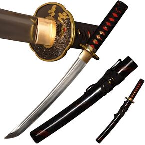 SV Mini Katana Sword Real Tanto Japanese Small Samurai Short Sword Carbon Steel Full Tang Hand Forged Sharp 16.53 inches handguard Engraved Gold Swallow