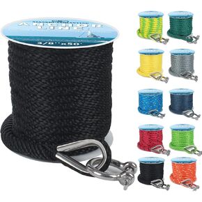 Anchor Rope 50 Ft x 3/8 Inch Premium Solid Braid MFP Anchor Line Braided Anchor Rope with 316 Stainless Steel Thimble and Heavy Duty Shackle Marine Anchor Rope Black