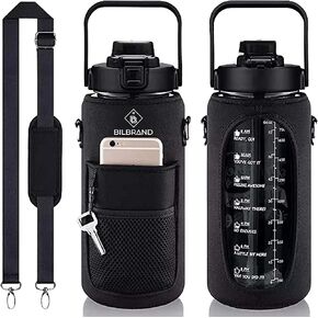 BPA free TRITAN Water Bottle with Sleeve - 1/2 Gallon - 64 Oz - Motivational - Leak-proof Sports & Travel Water Jug - bottle holder with adjustable shoulder strap included (Black/Dark)