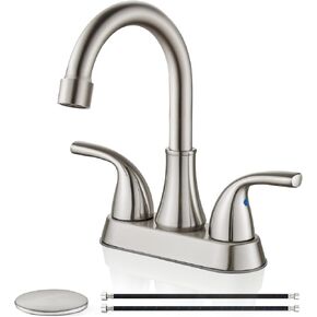 Bathroom Sink Faucet 4 Inch 2 Handle Bathroom Faucet 360° Swivel Spout Deck Mounted Vanity Faucet with Water Supply Hoses,Brushed Nickel,with Pop up Drain