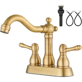 Aolemi 4 Inch Centerset Bathroom Sink Faucet Double Handle Two Hole Vintage RV Vanity Basin Lavatory Mixer Tap with Pop Up Drain Deck Mount Swivel Long Neck Spout Antique Brass