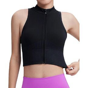 Women's Front Zipper Built-in Bra Sports Vest with Removable Padding, Sleeveless Fitness Running Yoga Sports Top