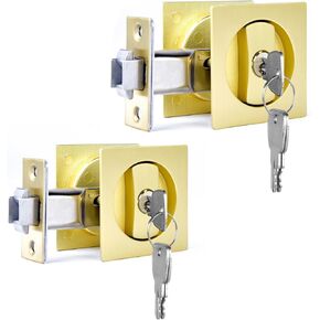 Dontay 2 Pack Pocket Door Lock with Key, Contemporary Entrance Sliding Barn Door Lock Latch, Recessed 2 Sided, 2 3/8" Backset, Flush Handles Hardware (Excluding Edge Pull, Satin Brass, Square)