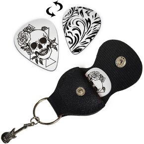 UNICRAFTALE 1pc Guitar Picks Gifts Skull Flower Stainless Steel Guitar Pick Keychain with PU Leather Case Skull Double Side Diffierent Style Plectrum Guitar Set Christmas Gifts for Guitar Lover