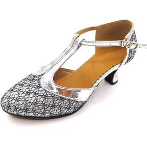 Women's Ballroom Dance Shoes Glitter T-Strap Dancing Heels Salsa Latin Wedding Party Shoes Silver 2 inches Heel 6 US