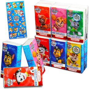 Paw Patrol Pocket Size Facial Tissues Set - 12 Packs of 10 Sheets (120 Tissues) & Stickers | Paw Patrol Disposal Tissues for Travel, School, Classroom
